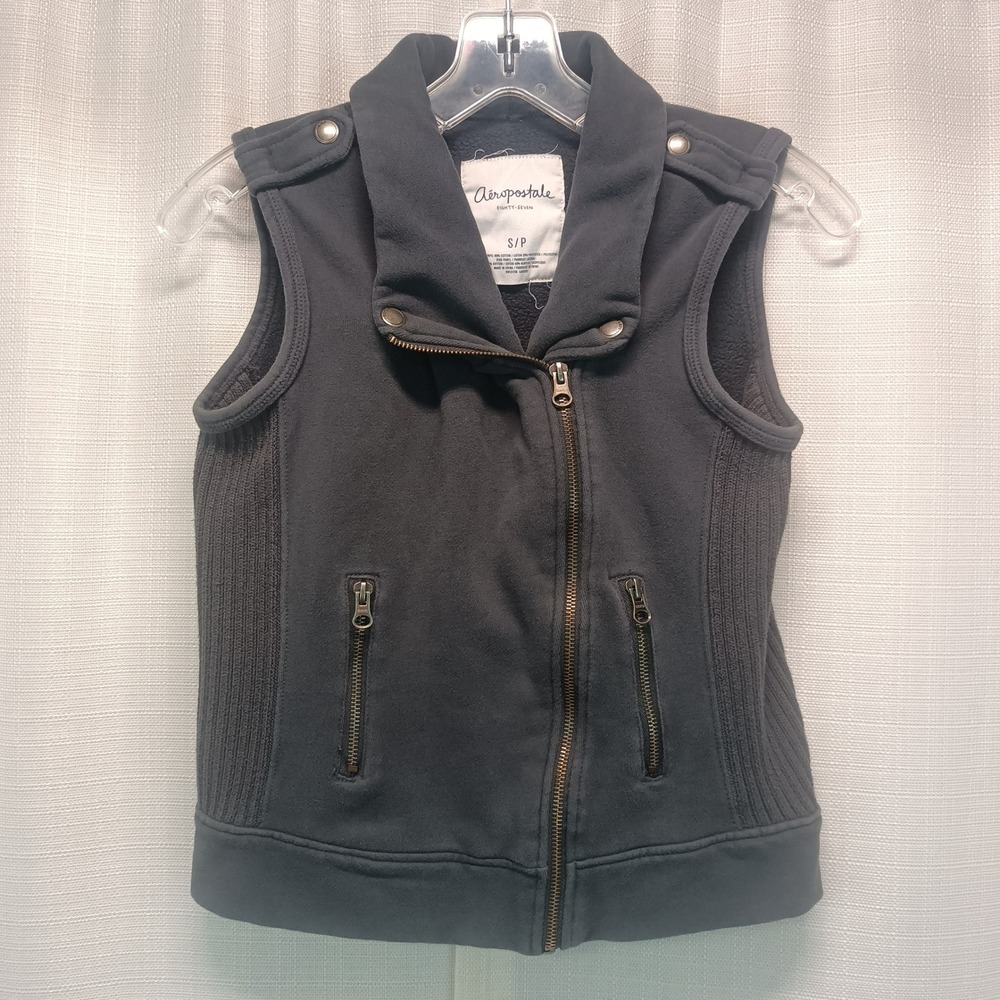 Aeropostale Womens Gray Moto Fleece Vest‎ Full Zip Ribbed Side Panels Small